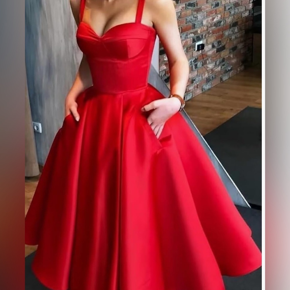 A Line Short Cocktail Party Gown with Pockets Sleeveless Tea Length Prom Dress - Picture 3 of 7